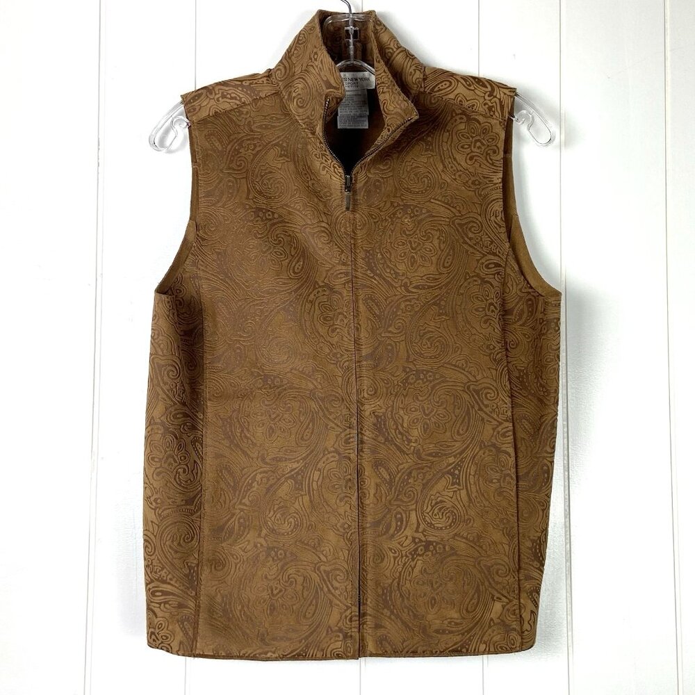 Jones New York Sport Vest Womens Brown Zip-Up Collar Paisley Print Petite Sz PS